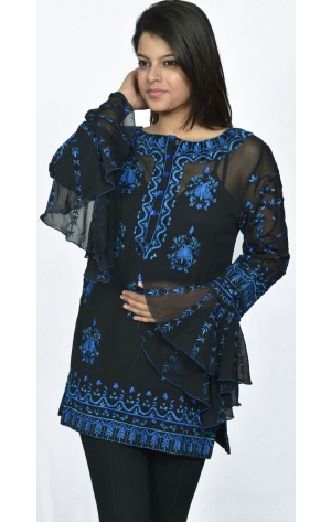 POLY GEORGETTE BLACK TOP WITH MACHINE EMBROIDERY 