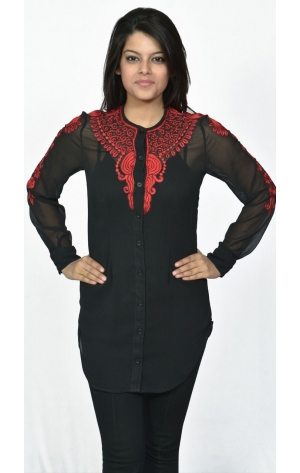 BLACK POLY GEORGETTE TOP WITH AARI TARI WORK