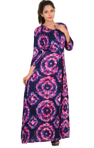 BLUE PRINTED RAYON LONG DRESS